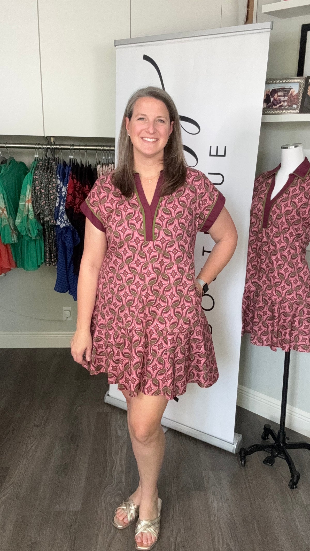 Merlot Wine and Olive Green Entro Dress Model 2
