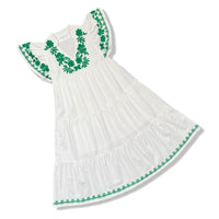White Linen Style Dress with Green Floral Embroidery