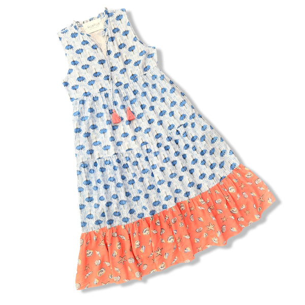 Seashell Print Dress Blue and Coral