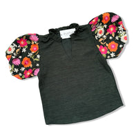 Portia THML Hunter Green Corduroy Embroidered Puff Sleeve Top Flat Lay Photo