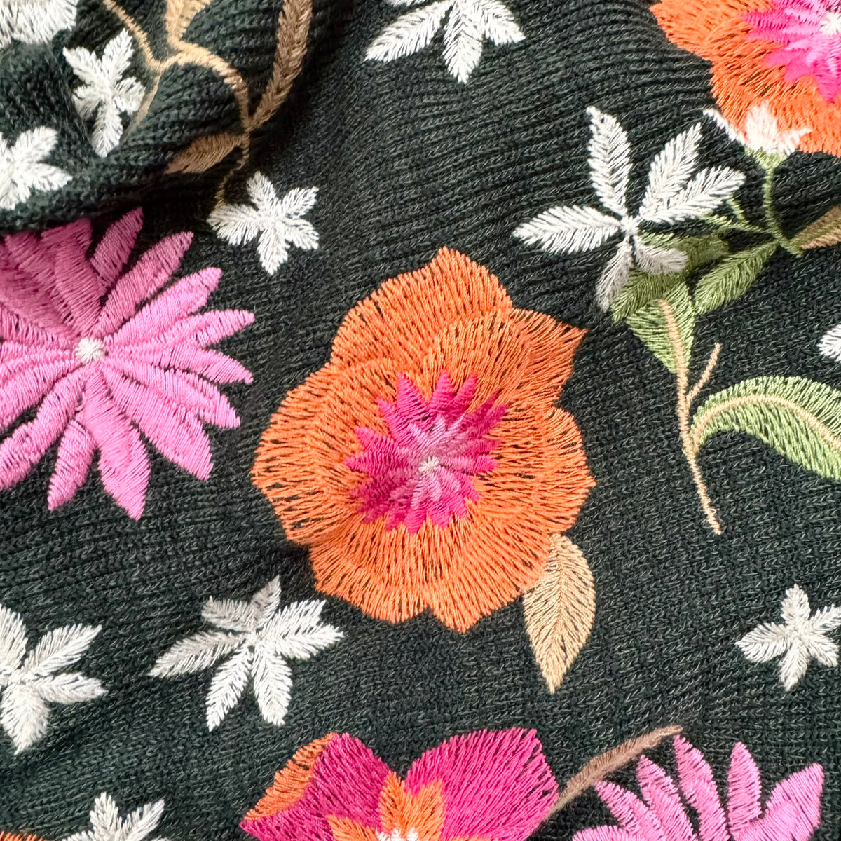 Portia THML Hunter Green Corduroy Embroidered Puff Sleeve Top Embroidery Close Up Photo