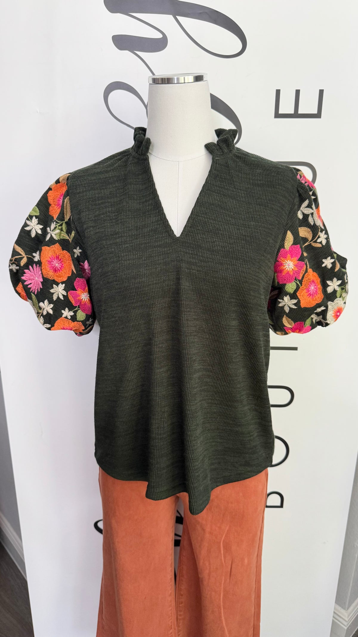 Portia THML Hunter Green Corduroy Embroidered Puff Sleeve Top Mannequin