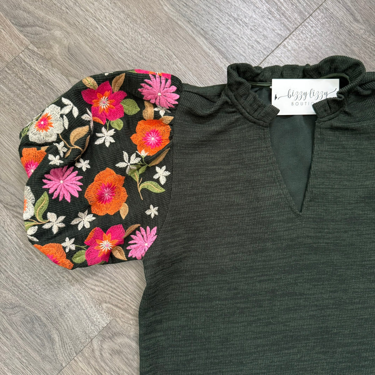 Portia THML Hunter Green Corduroy Embroidered Puff Sleeve Top Sleeve Close Up Photo