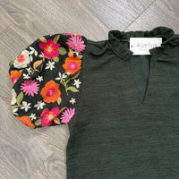 Portia THML Hunter Green Corduroy Embroidered Puff Sleeve Top Sleeve Close Up Photo