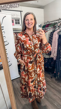 Ranch House THML Long Sleeve Horse Print Button Down Dress Model
