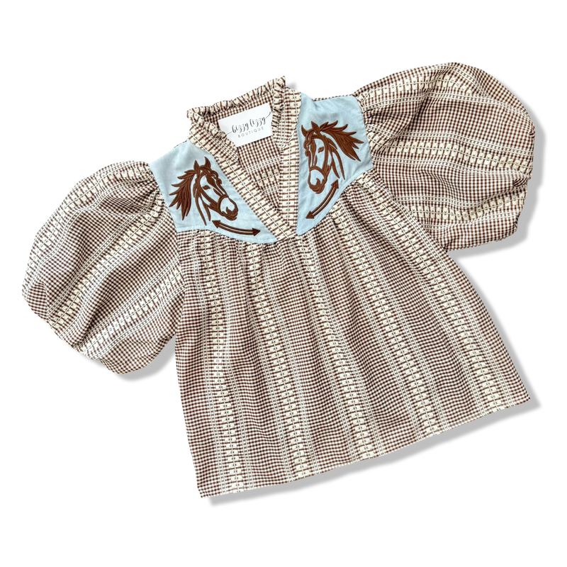 Rogers Top Brown and Blue Western Embroidered Horse