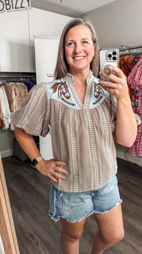 Rogers Top Brown and Blue Western Embroidered Horse
