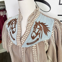 Rogers Top Brown and Blue Western Embroidered Horse
