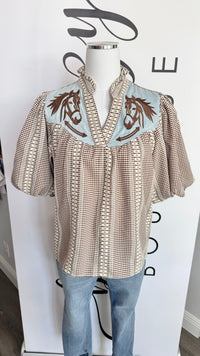 Rogers Top Brown and Blue Western Embroidered Horse Mannequin