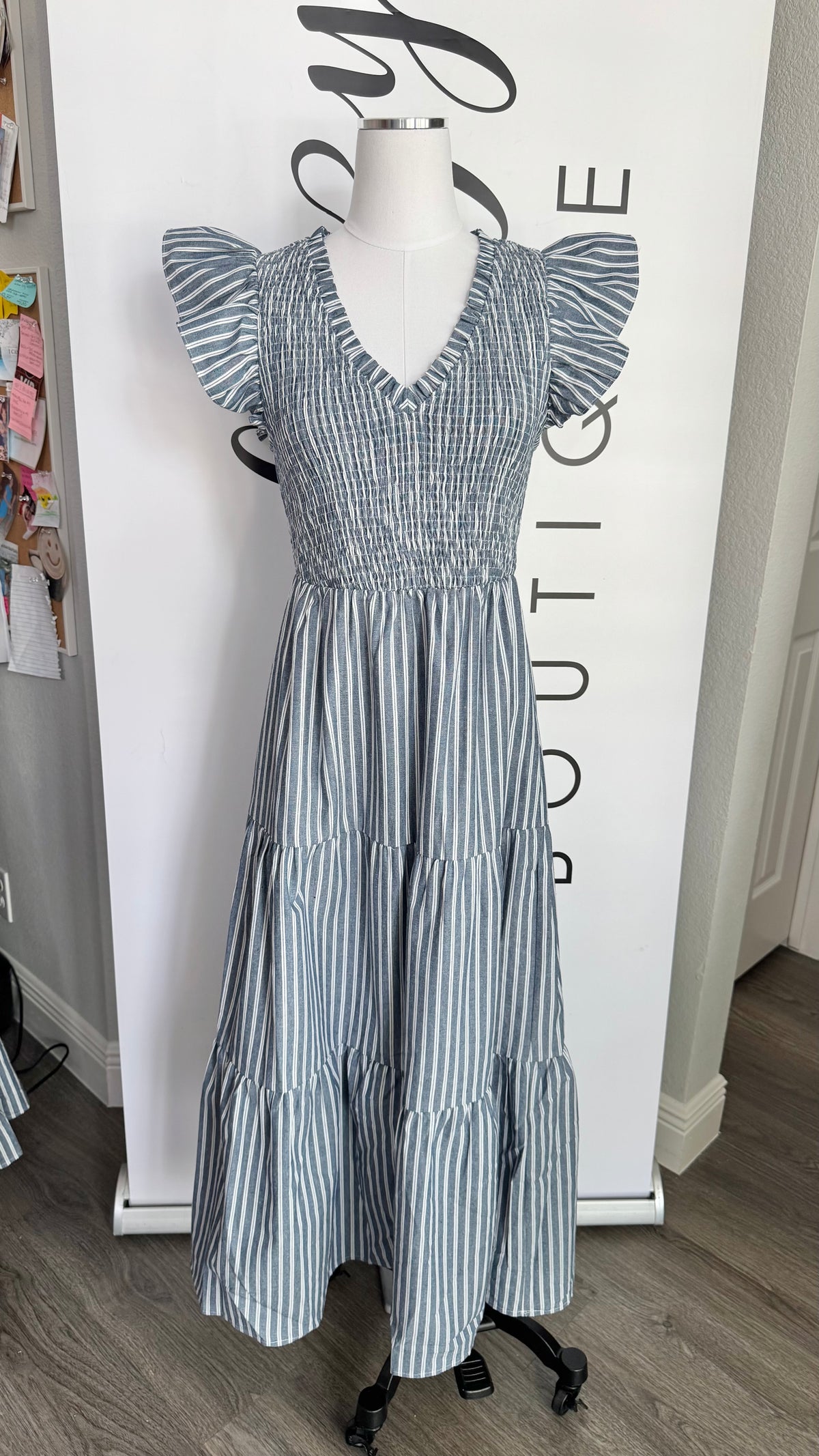 Stanley Sugarlips Cotton Linen Striped Sunfire Dress on Mannequin