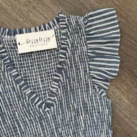 Stanley Sugarlips Cotton Linen Striped Sunfire Dress Sleeve Close Up