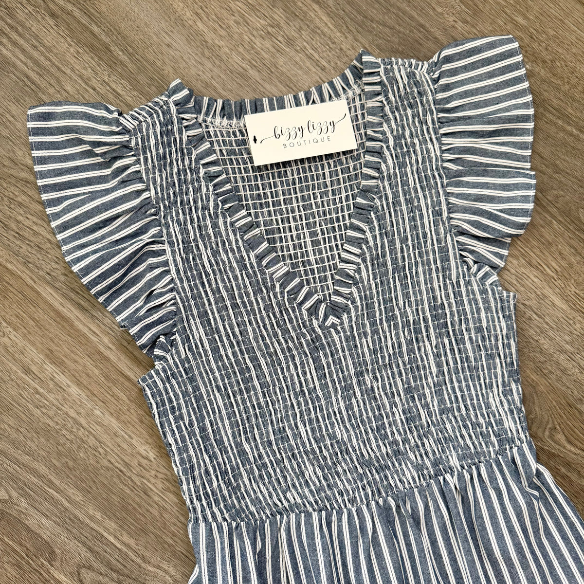 Stanley Sugarlips Cotton Linen Striped Sunfire Dress Smocked Bodice Detail