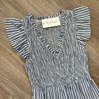 Stanley Sugarlips Cotton Linen Striped Sunfire Dress Smocked Bodice Detail