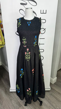 Sugarlips Becca Black Floral Sleeveless Smocked Dress Mannequin