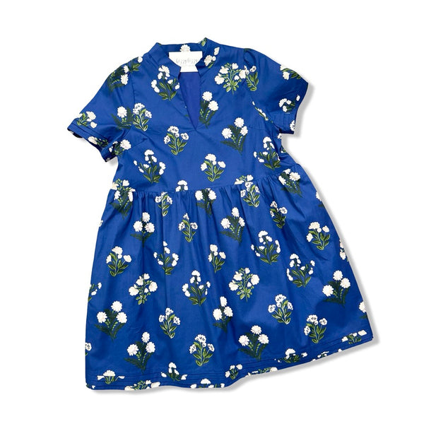 A short-sleeve blue dress with a white and green floral print, featuring a gathered waist and a V-neckline, shown flat on a white background.