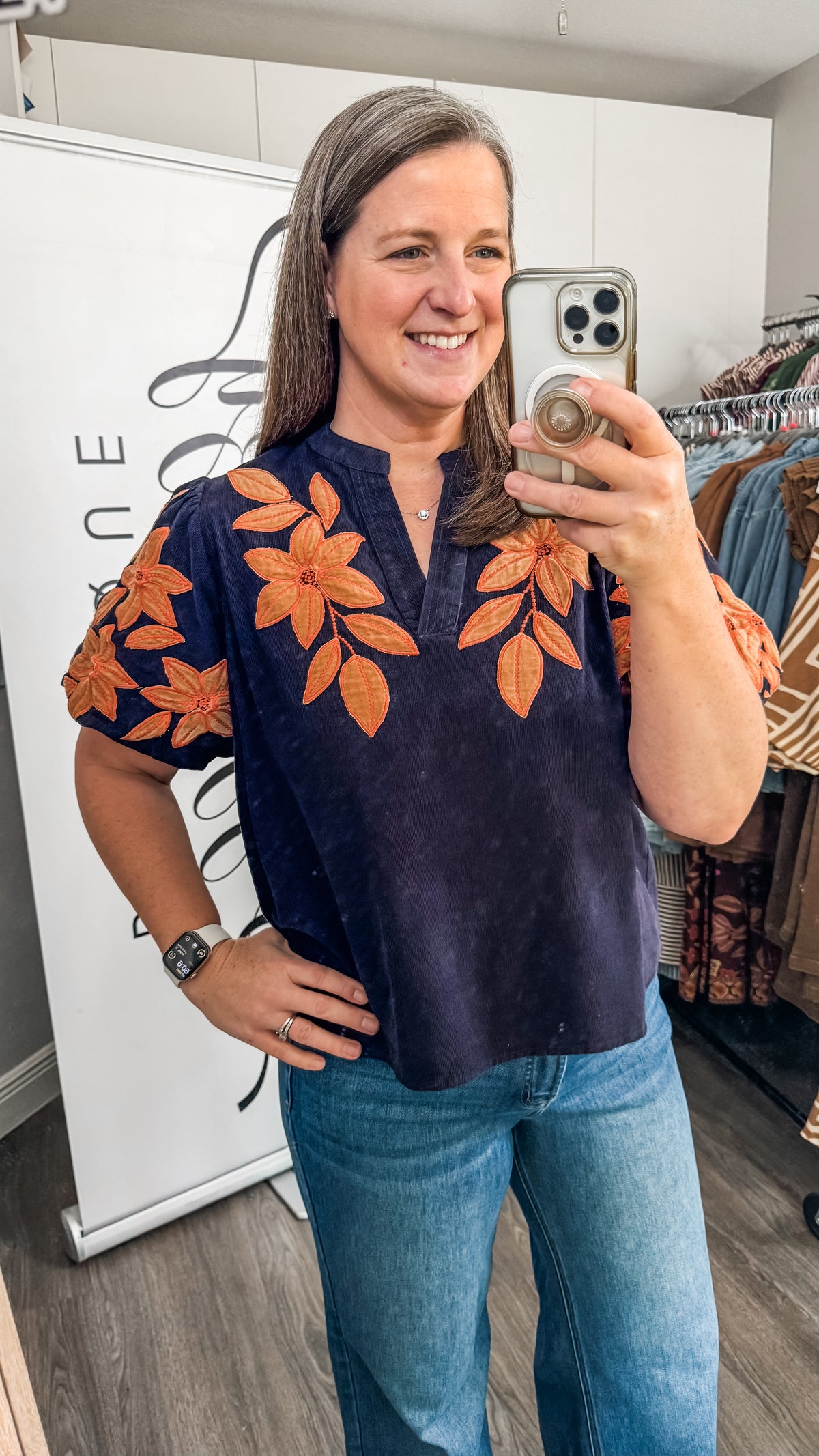THML navy corduroy with suede Floral Appliqué Taylor Model Photo