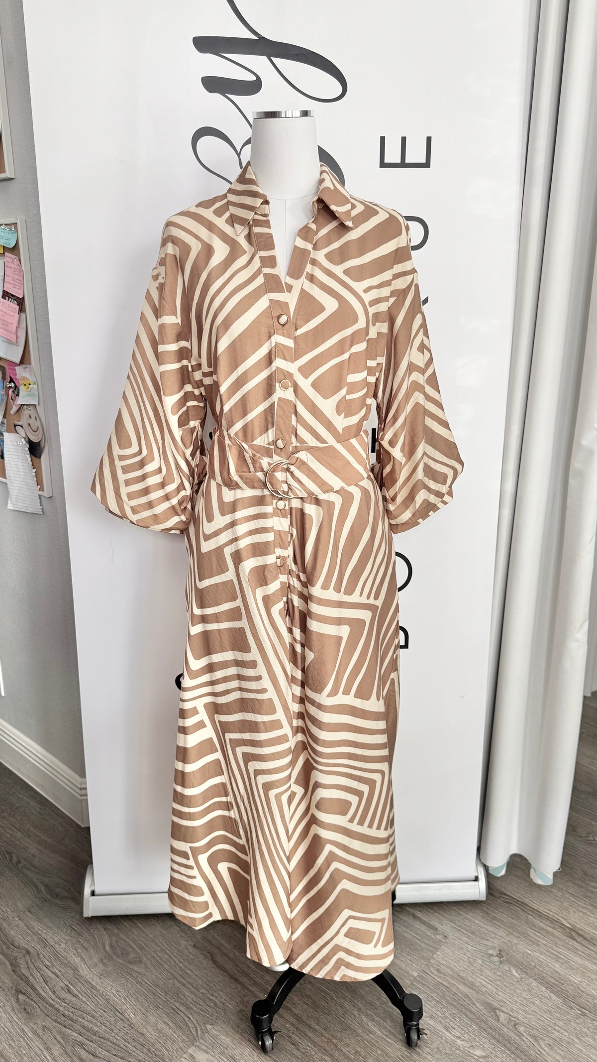 Tan Entro Geometric Button Down Dress with Belt Mannequin