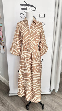 Tan Entro Geometric Button Down Dress with Belt Mannequin