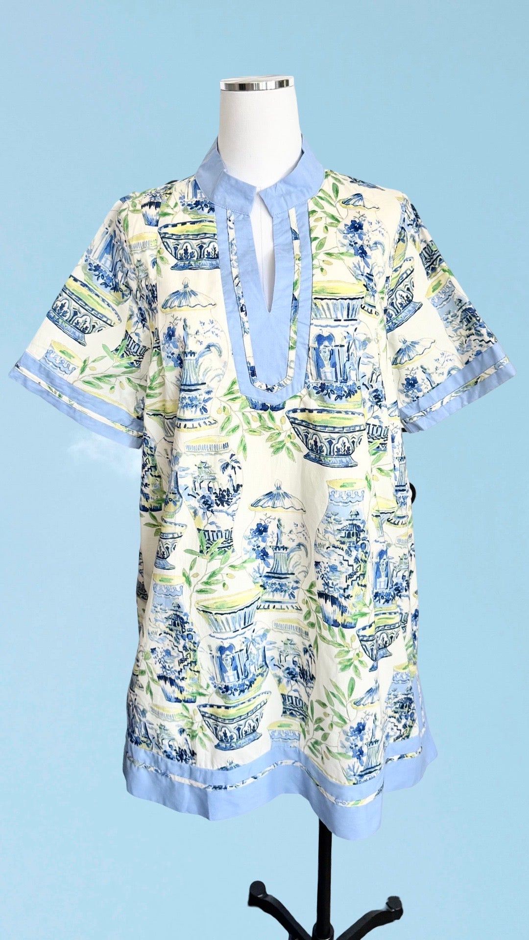 Umgee Chinoiserie Tea Dish Dress Blue Mannequin 2