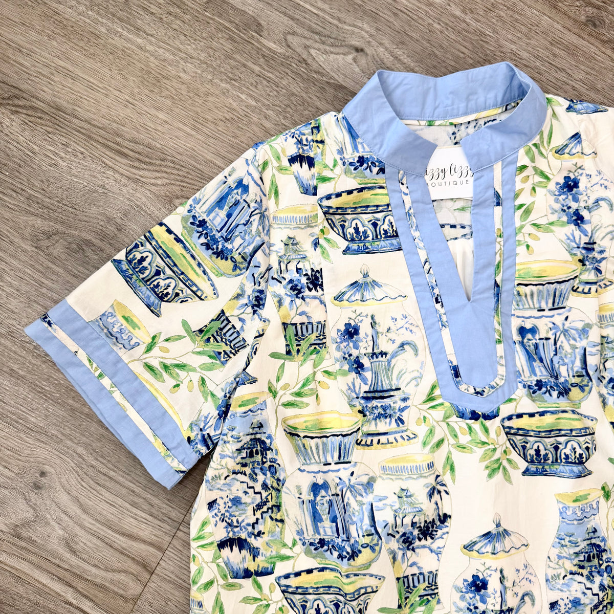 Umgee Chinoiserie Tea Dish Dress Blue