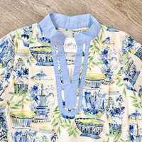 Umgee Chinoiserie Tea Dish Dress Blue V Neck