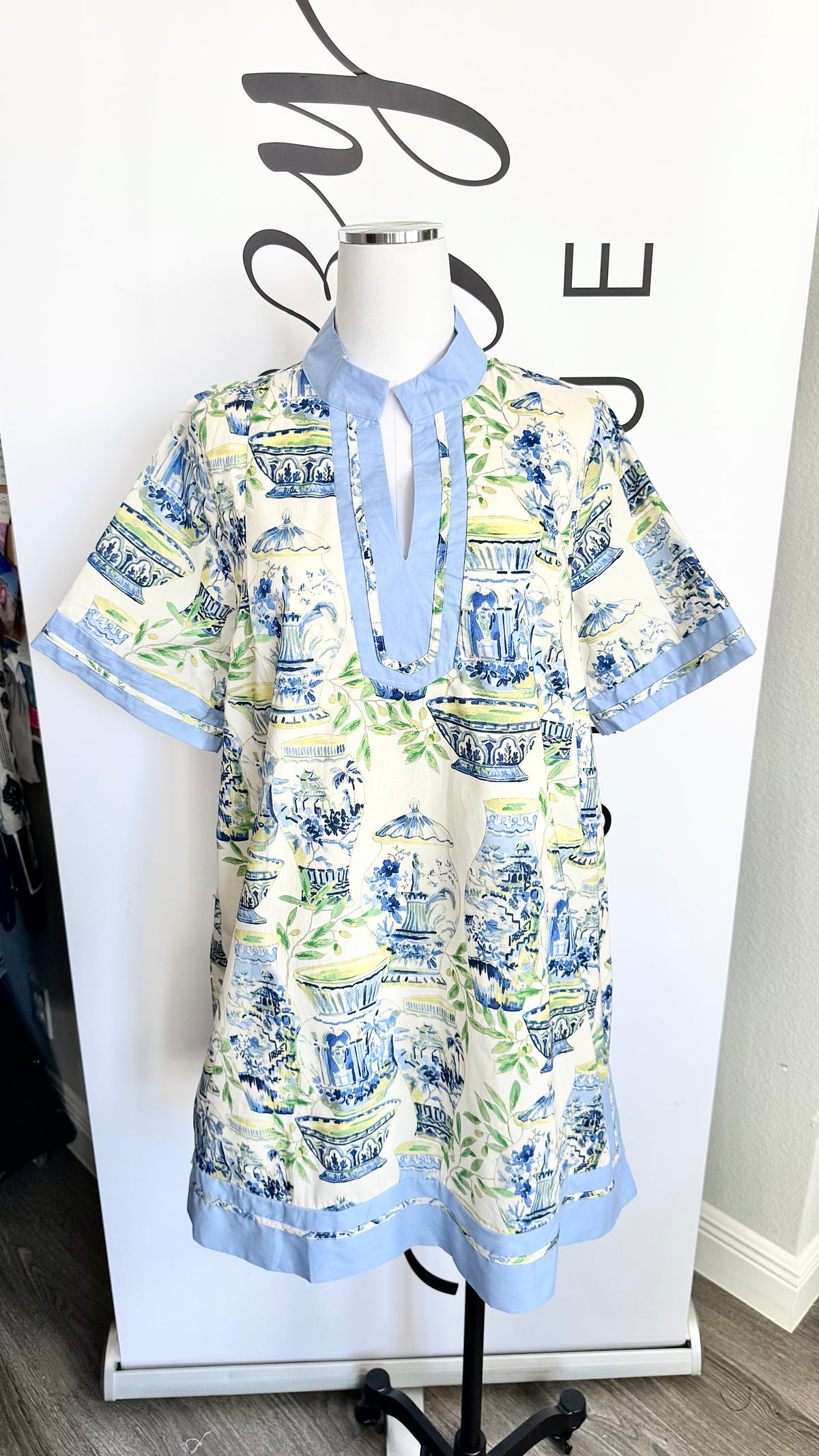 Umgee Chinoiserie Tea Dish Dress Blue Mannequin