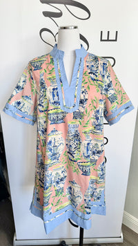 Umgee Chinoiserie Tea Dish Print Dress Pink Mannequin