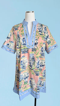 Umgee Chinoiserie Tea Dish Print Dress Pink Mannequin 2