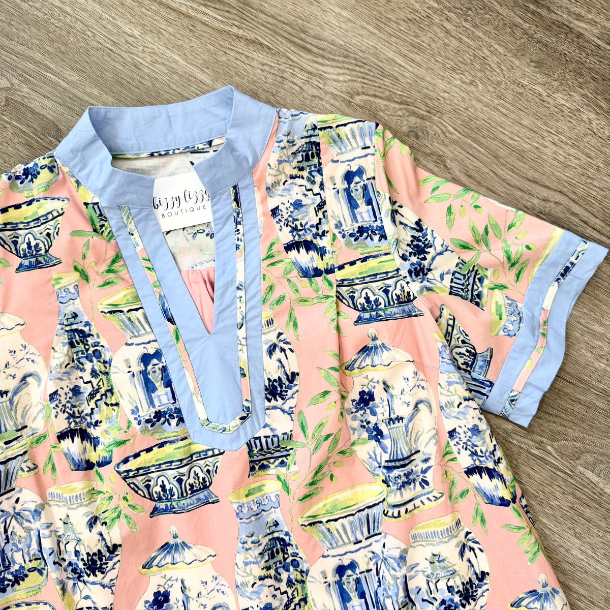 Umgee Chinoiserie Tea Dish Print Dress Pink Sleeve