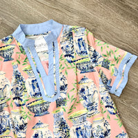 Umgee Chinoiserie Tea Dish Print Dress Pink Sleeve