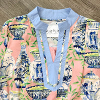 Umgee Chinoiserie Tea Dish Print Dress Pink V Neck