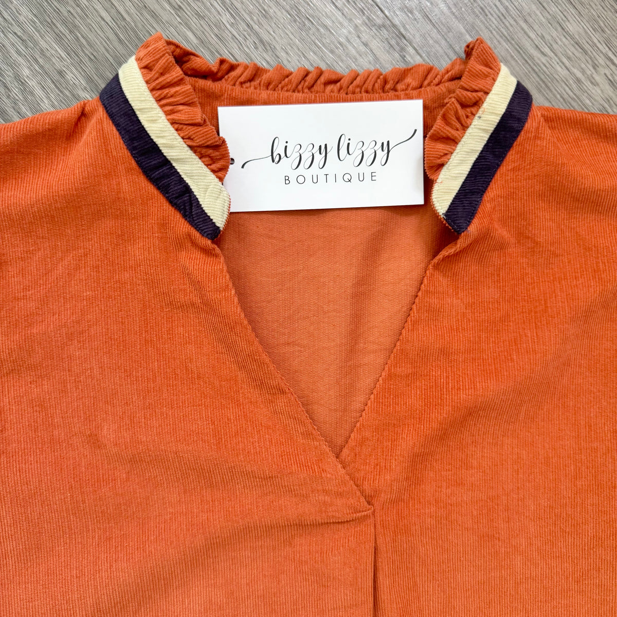 Varsity Top Burnt Orange Corduroy THML Close Up