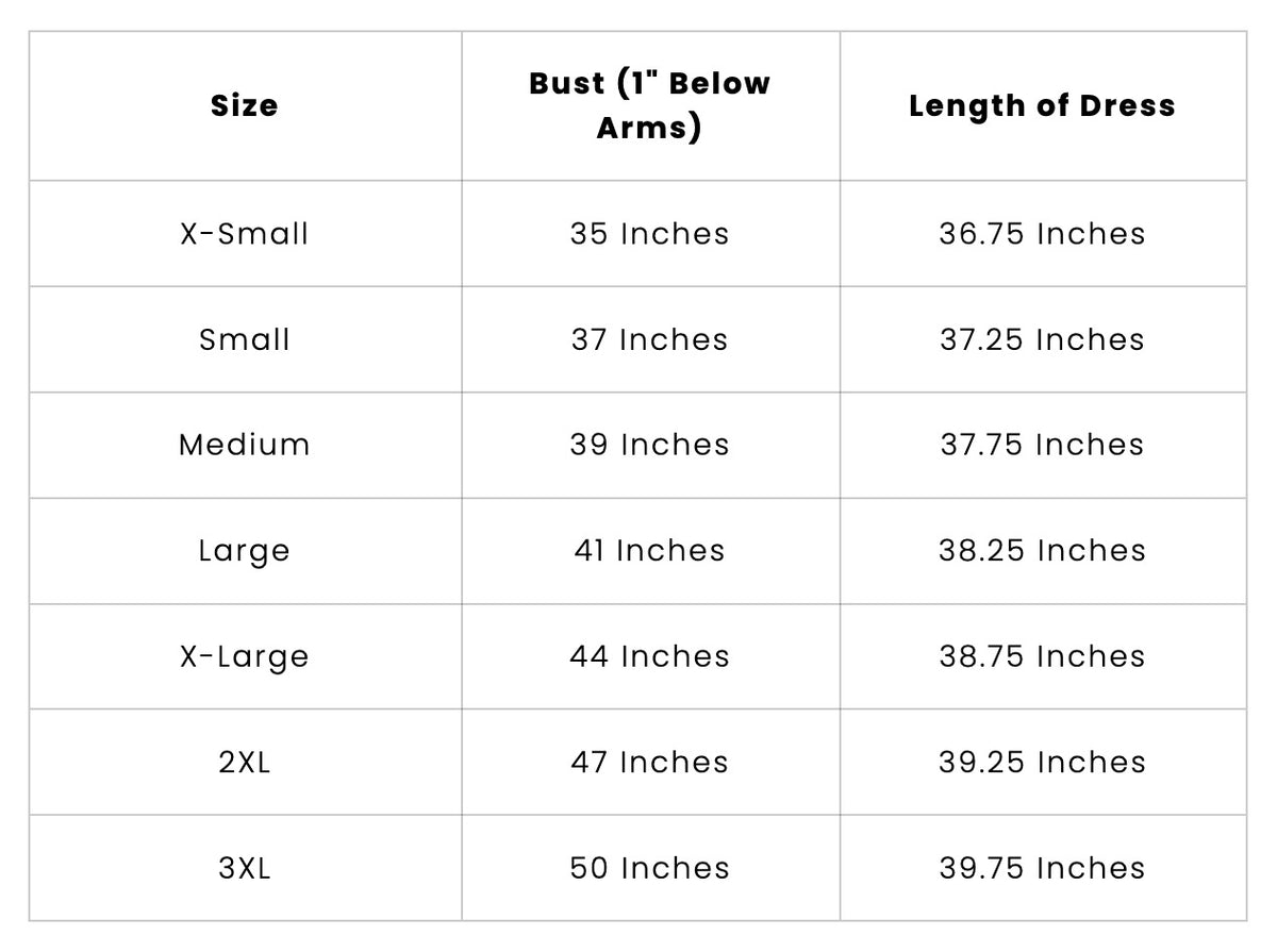 Table showing dress measurements by size