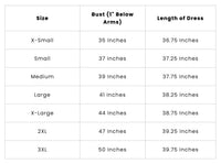 Table showing dress measurements by size