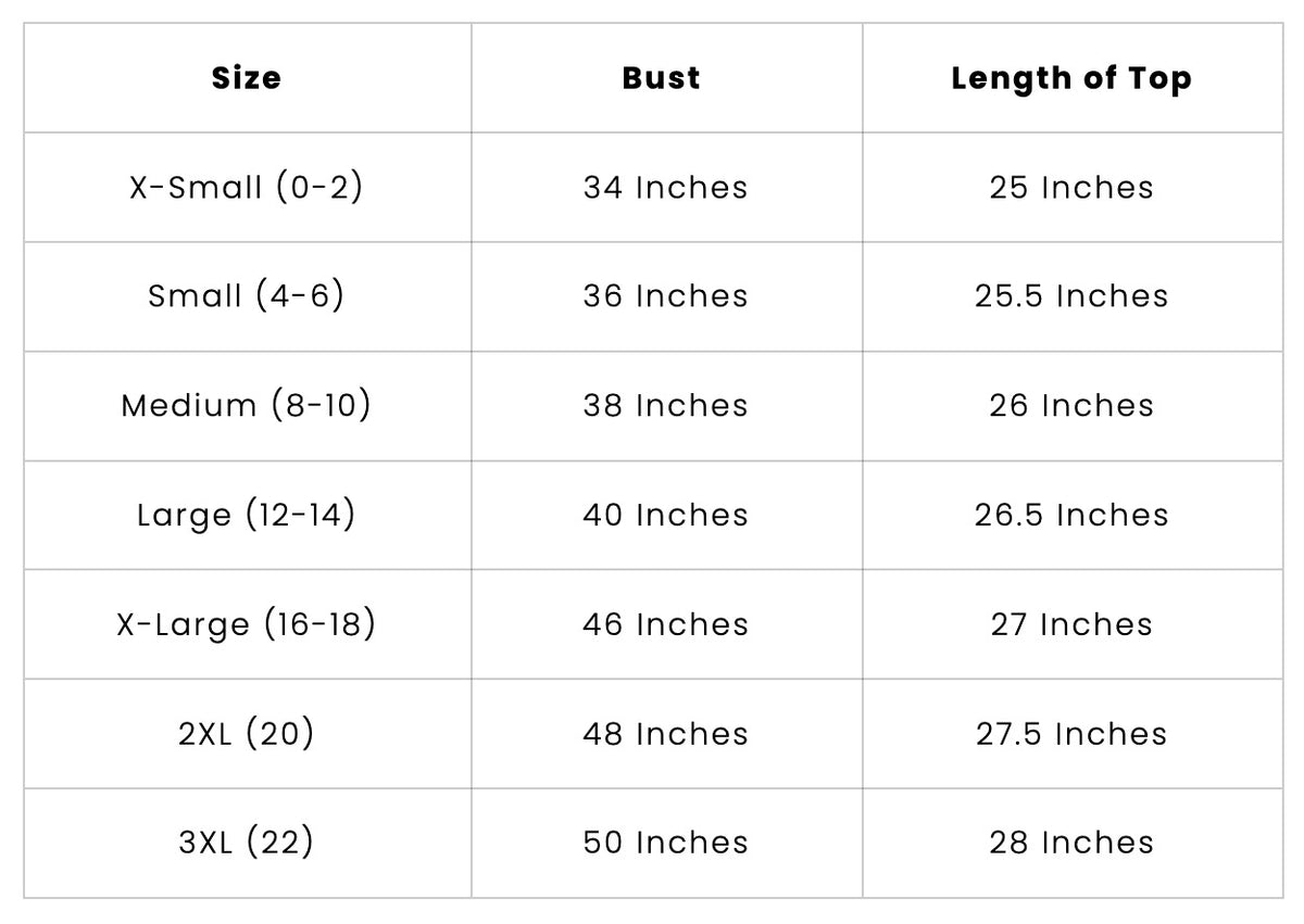 WashCo Size Chart Tops