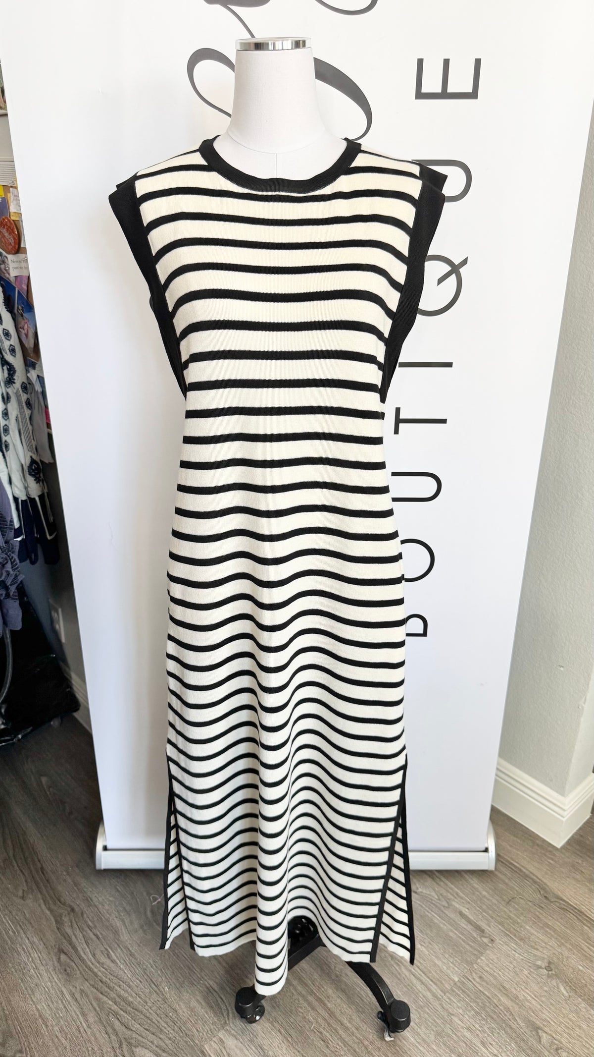 Weekend Black and Cream Striped Maxi Dress Entro Mannequin