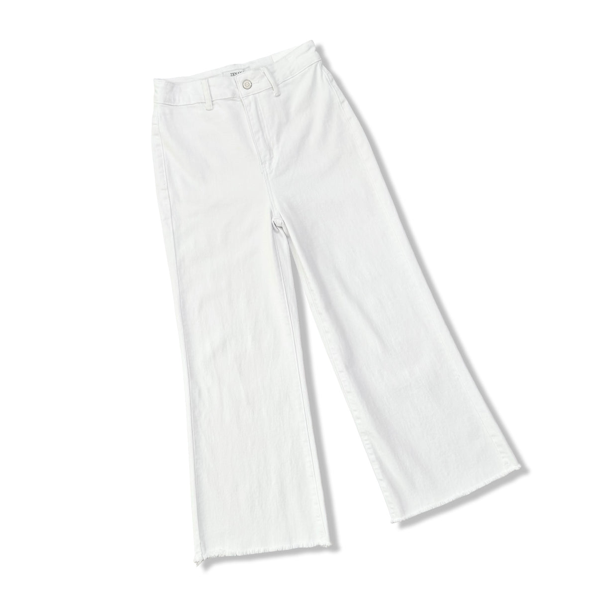 White wide-leg cropped pants with a raw, frayed hem, shown flat on a white background.