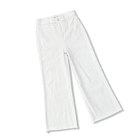 White wide-leg cropped pants with a raw, frayed hem, shown flat on a white background.