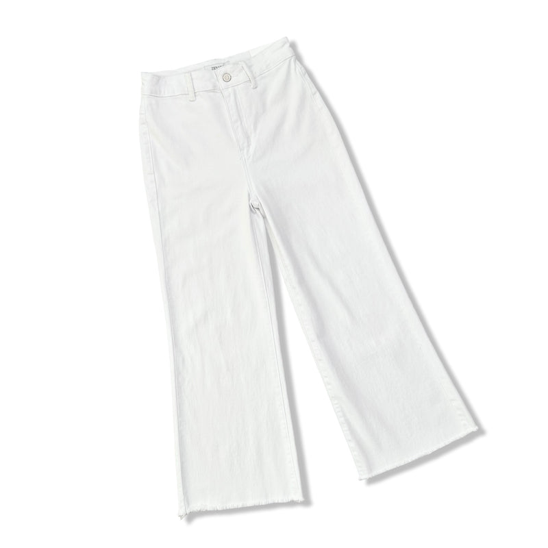 White wide-leg cropped pants with a raw, frayed hem, shown flat on a white background.