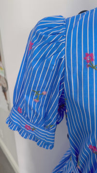 Entro Marla Maxi Blue and White Stripe Floral Embroidered Dress Video 2