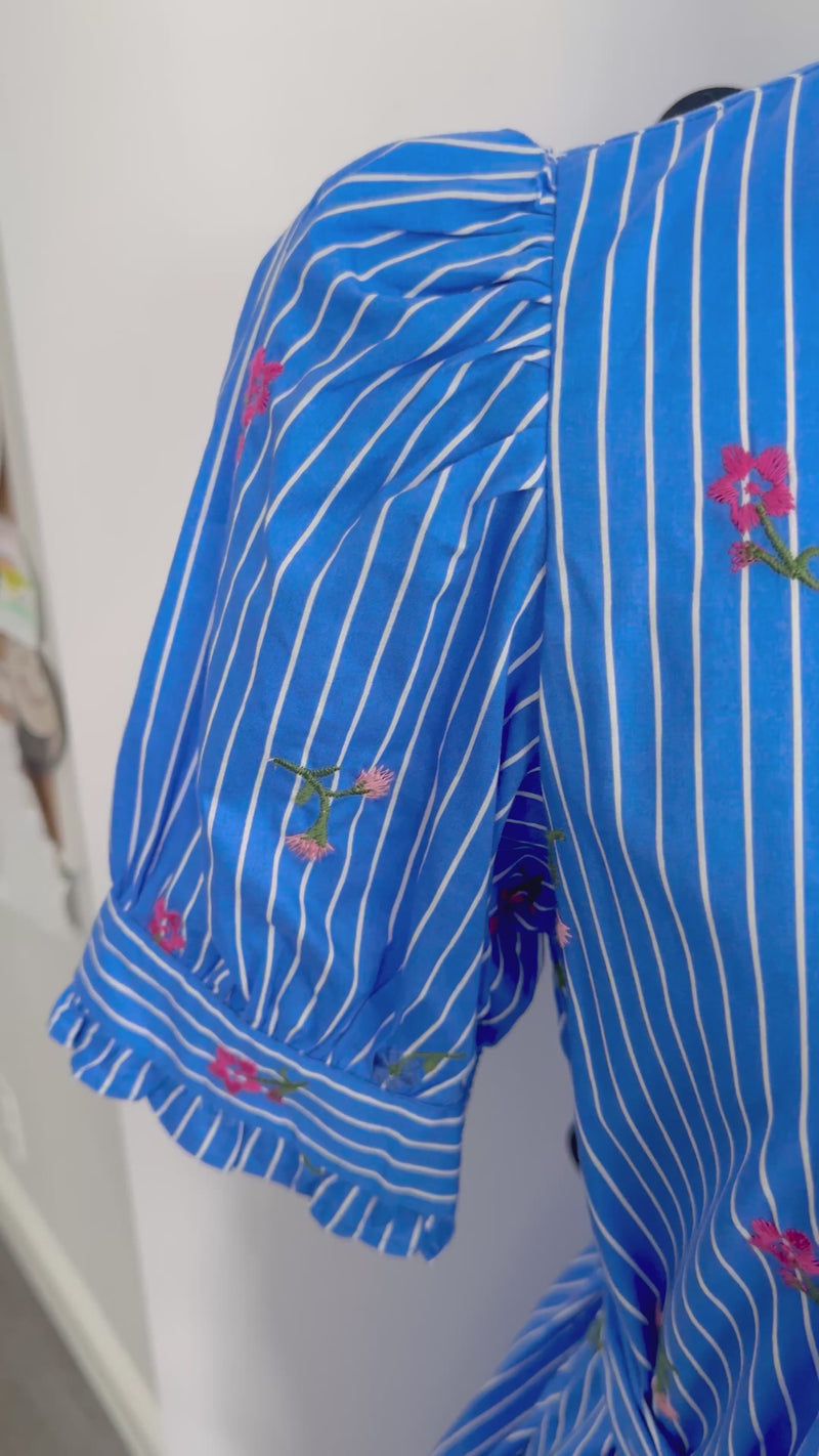 Entro Marla Maxi Blue and White Stripe Floral Embroidered Dress Video 2