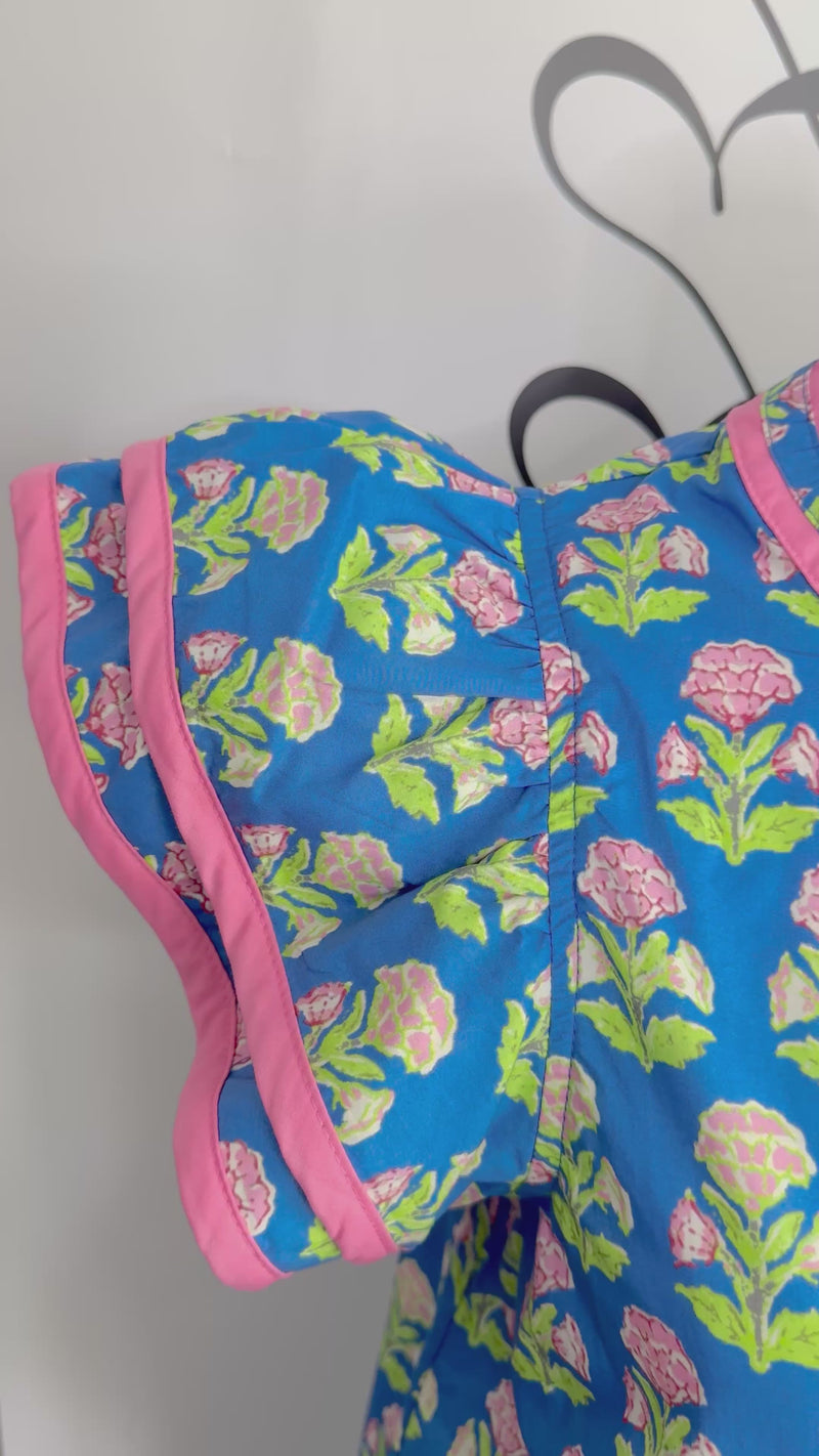 Lime Green Blue and Pink Floral Ruffle Sleeve Entro Top Video 2