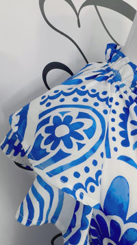 Blue and White Print Entro Dress with Ruffle Sleeve