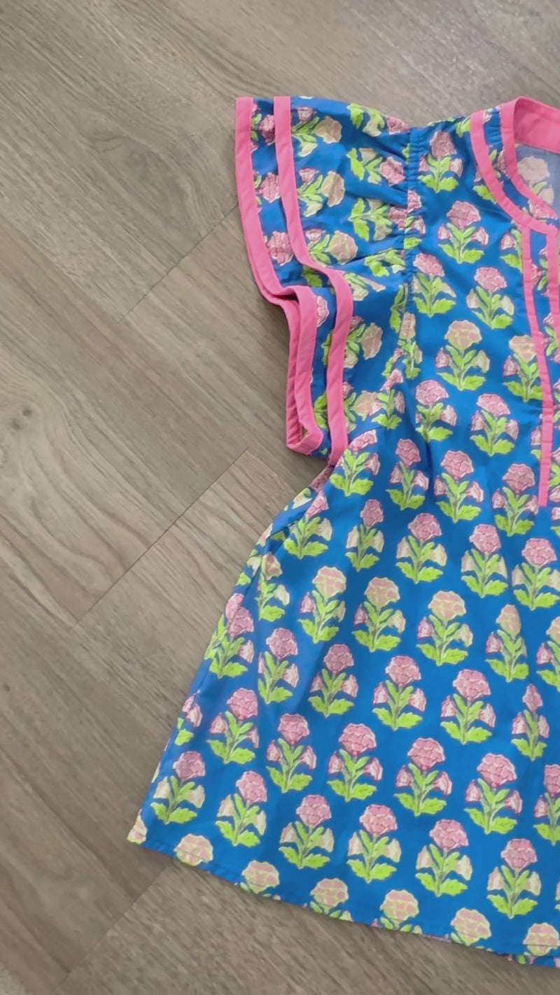 Lime Green Blue and Pink Floral Ruffle Sleeve Entro Top Video 3
