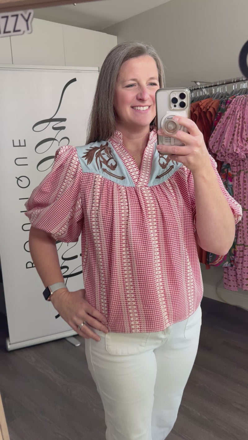 The Roy Top Western Red Top Embroidered Horse Model Video