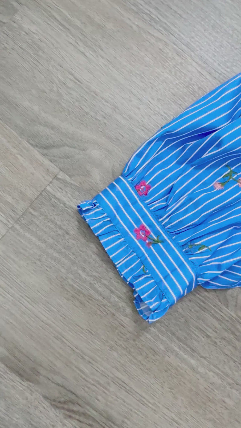 Entro Marla Maxi Blue and White Stripe Floral Embroidered Dress Video 1