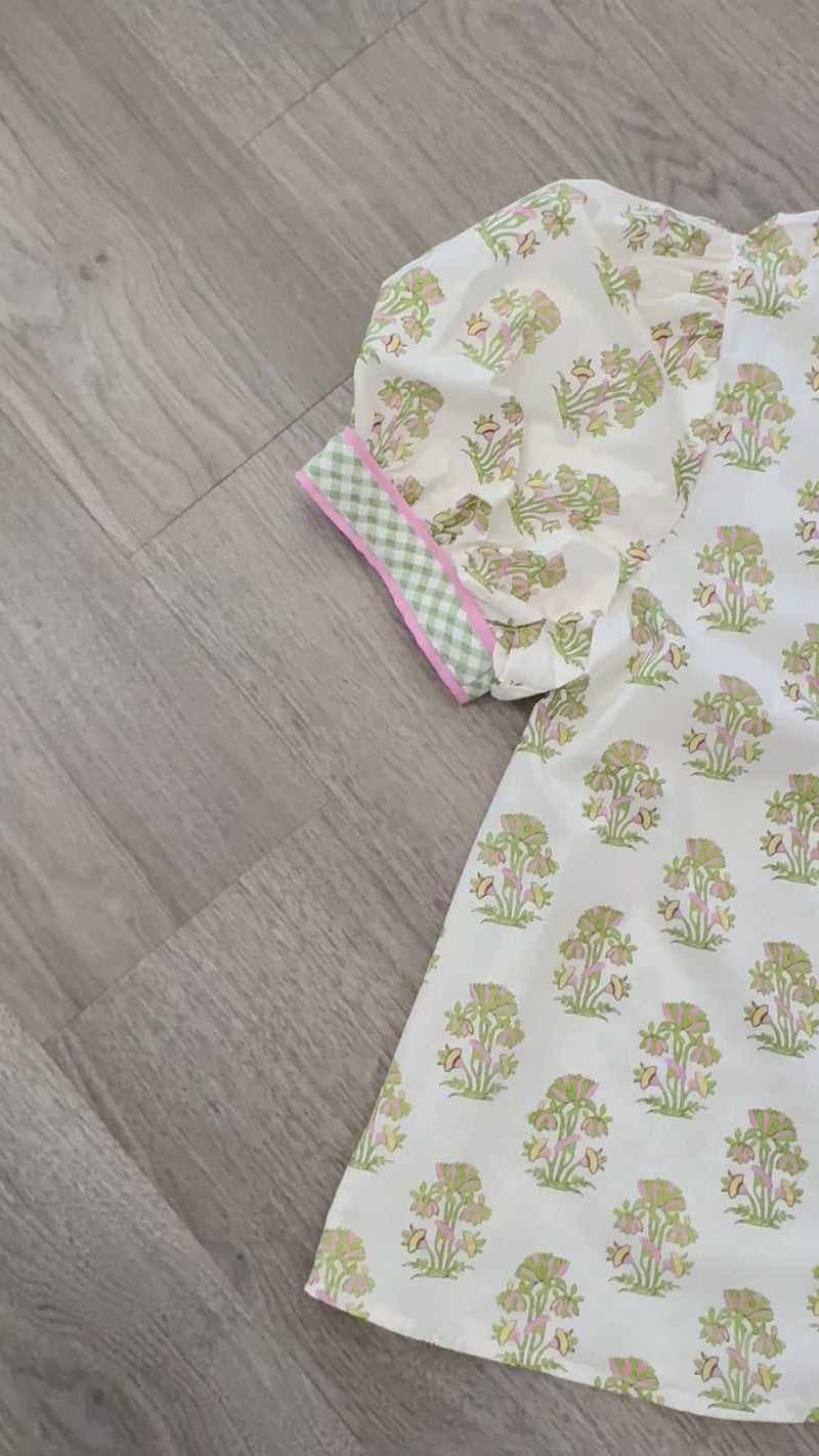 Entro Light Pink and Green Floral Button Down Top Close Up Video