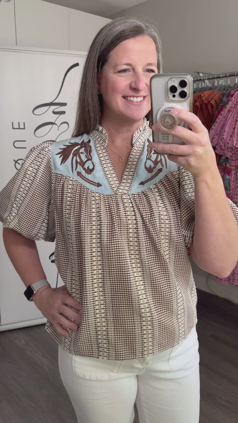 Rogers Top Brown and Blue Western Embroidered Horse Model Video