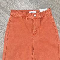 A pair of high-waisted, wide-leg denim pants in a washed terracotta or rust orange color, laid flat on a gray wood-textured surface. 