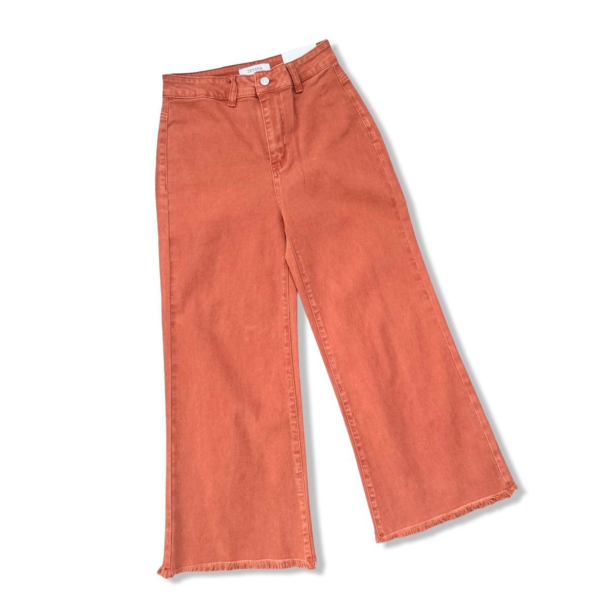 A pair of wide-leg cropped jeans in a washed terracotta or rust orange color, laid flat on a white background.